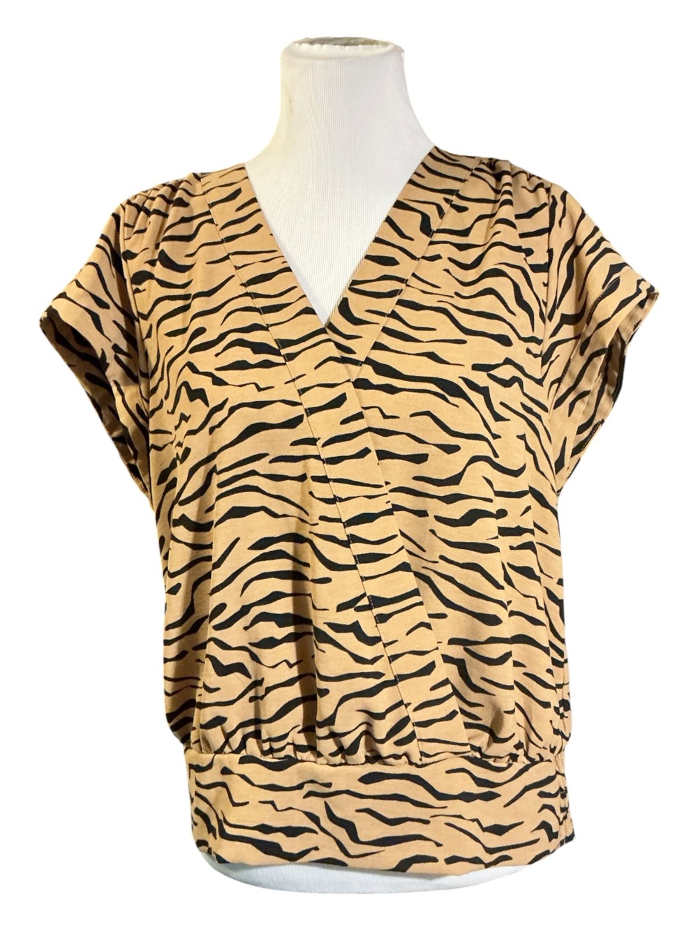 Women’s Tan Zebra Print V-Neck Short Sleeve Top